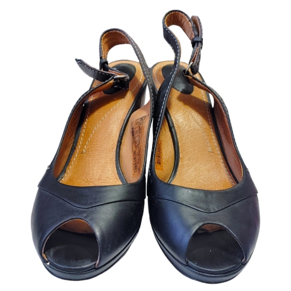 Fossil Black Leather Peep Toe Buckle Ankle  Wooden Block Heels Women's Size 10 - Picture 5 of 12